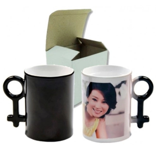 Caneca mágica preta para sublimação com símbolo feminino na asa + caixa individual