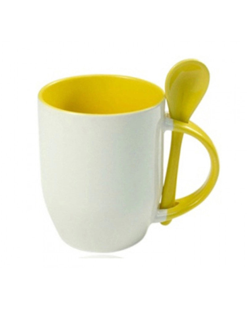 Pack 2x Caneca em Cerâmica Branca com Interior, Asa e Colher Amarelo para Sublimação