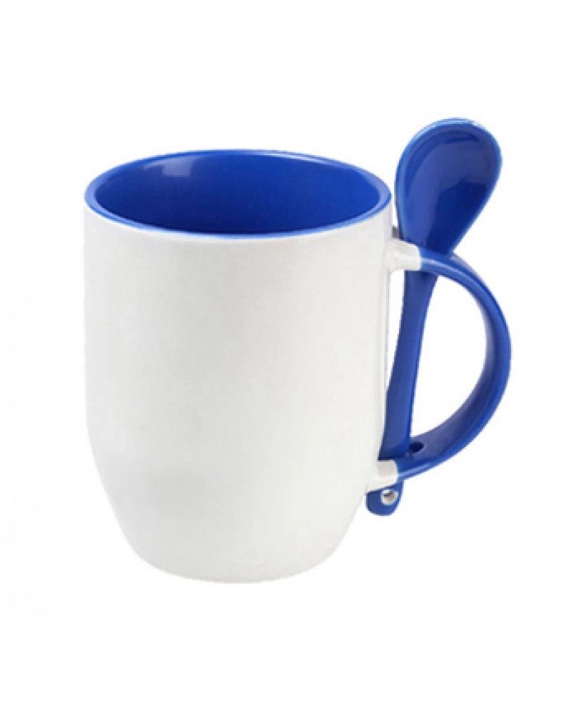 Pack 2x Caneca em Cerâmica Branca com Interior, Asa e Colher Azul para Sublimação