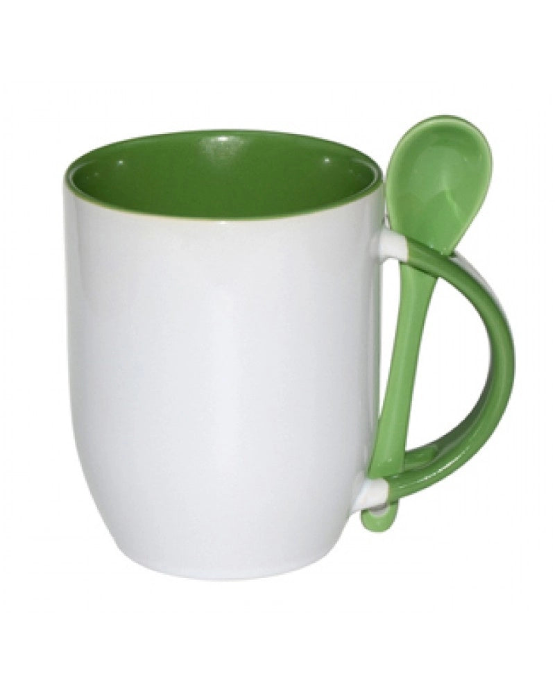 Pack 2x Caneca em Cerâmica Branca com Interior, Asa e Colher Verde para Sublimação