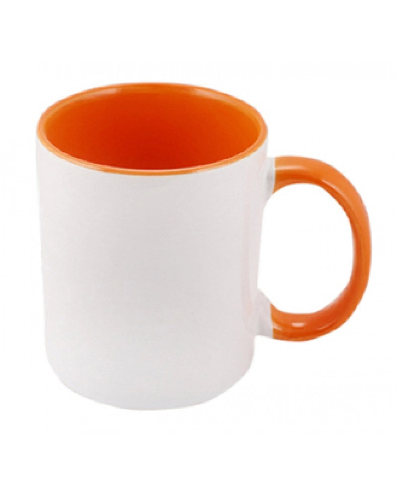 Caneca em cerâmica branca para sublimação, com interior e pega LARANJA
