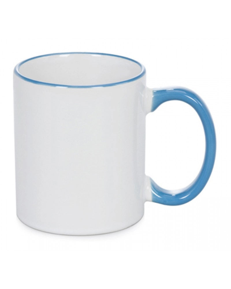 Caneca em cerâmica branca para sublimação, com bordo e pega AZUL CLARO