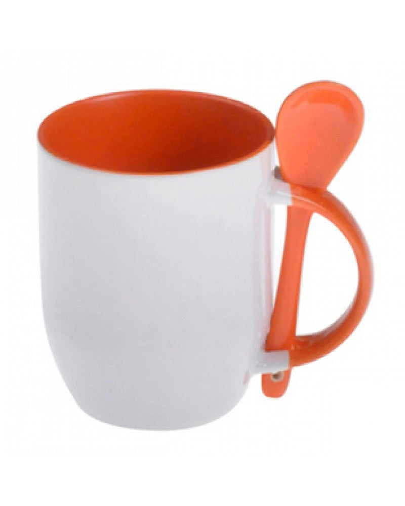 Pack 2x Caneca em Cerâmica Branca com Interior, Asa e Colher Laranja para Sublimação