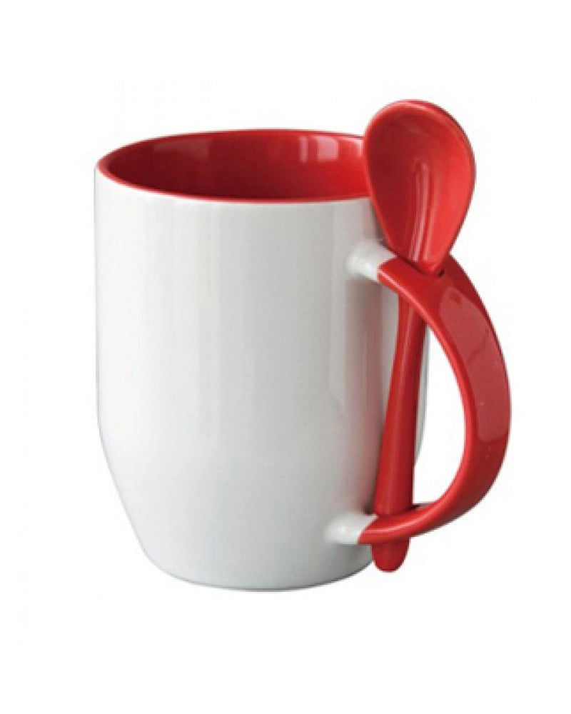Pack 2x Caneca em Cerâmica Branca com Interior, Asa e Colher Vermelho para Sublimação