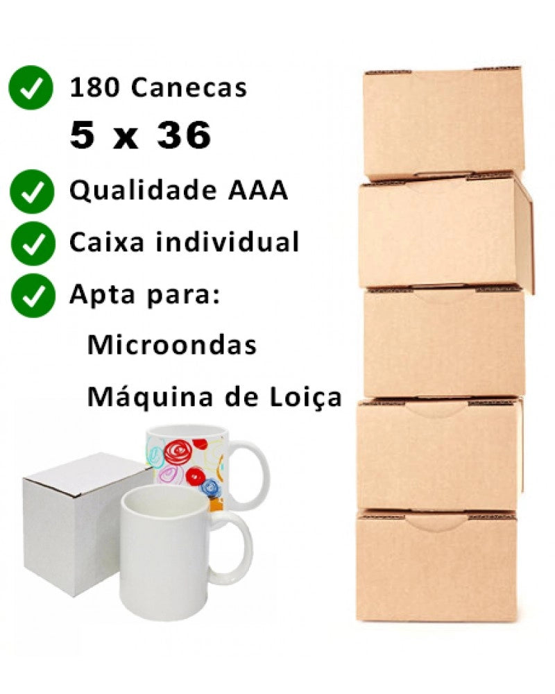 Pack 180 Canecas Sublimação Branca Qualidade Premium AAA+ + Caixa individual